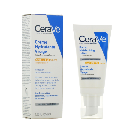 لوشن ترطيب الوجه من CeraVe مع عامل حماية من الشمس SPF 50.