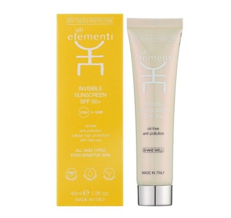 واقي الشمس غير المرئي Gli Elementi Invisible Sunscreen   يوفر حماية عالية بعامل حماية SPF 50+ ضد أشعة الشمس فوق البنفسجية (UVA/UVB). كما يتميز بكونه مضادًا للتلوث ويحمي الخلايا من الإجهاد البيئي.