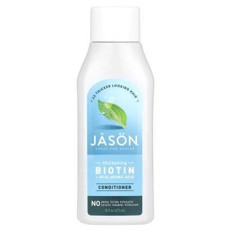 بلسم جيسون (Jāsön) العضوي  بالبيوتين وحمض الهيالورونيك. لتكثيف الشعر وتقليل التكسر، وإصلاح الأطراف المتقصفة.