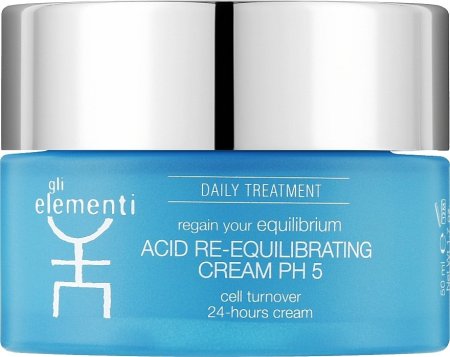 كريم Gli Elemnti Gli Elementi ACID RE-EQUILIBRATING CREAM PH 5" ، مصمم لتجديد البشرة وترطيبها على مدار 24 ساعة، ويحتوي على مستخلص التوت البري.