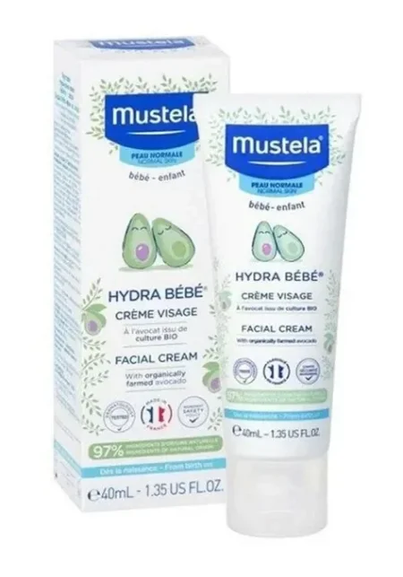 كريم الوجه للبيبي  Mustela Hydra Bébé (40 مل) المصمم خصيصًا لترطيب بشرة الرضع والأطفال.