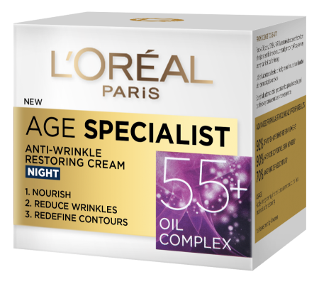 كريم ليل مضاد للتجاعيد لوريال إيج سبيشاليزت (L'Oréal Age 55+) المخصص للعناية بالبشرة لمن هم في سن 55 عاماً فما فوق.