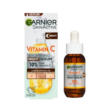 سيروم الليل فيتامين سي من غارنييه سكين أكتيف (Garnier SkinActive Vitamin C Night Serum)، ويحتوي على 10% فيتامين C نقي لتقليل التصبغات ولبشرة  مشرقة