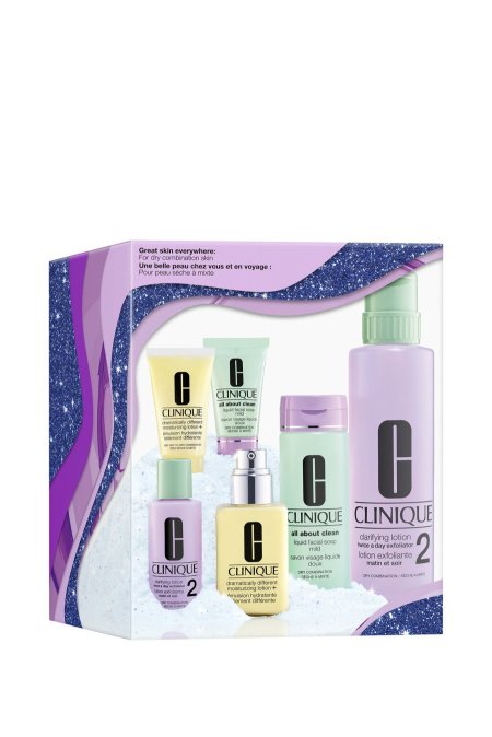 بكج كلينيك Clinique Great Skin Everywhere  للبشرة الجافة إلى المختلطة،  بثلاث خطوات بأحجام منزلية وللسفر (غسول الوجه، التونر المقشر، والمرطب