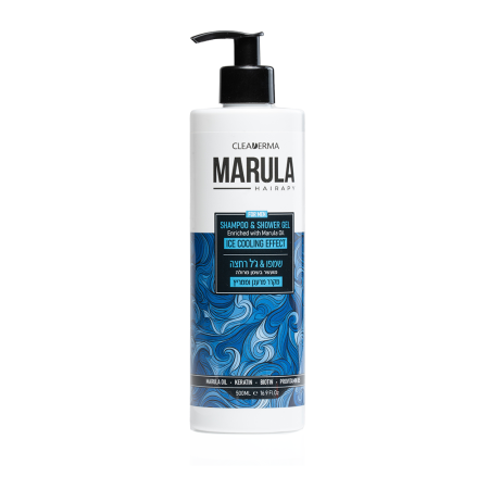 شامبو وجل استحمام للرجال من Cleaderma Marula Hairapy.  يحتوي على زيت المارولا، الكيراتين، البيوتين، وفيتامينB5  ومخصص للاستخدام كشامبو وغسول للجسم. 2 في 1 و يمنح إحساساً بالبرودة والانتعاش